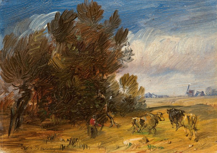Wilhelm Busch: Herbstliche Waldlandschaft mit Hirt und Kühen, um 1889, Öl auf Pappe, 18,5 x 13,5 cm