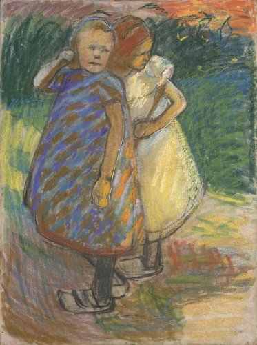 Franz Nölken: Zwei nebeneinander stehende kleine Mädchen in einem Garten, 1907