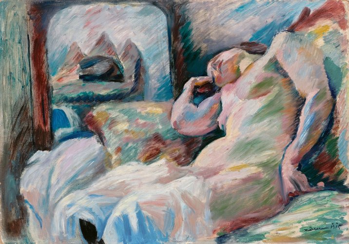 Franz Nölken: Schlafender weiblicher Akt vor einem Spiegel, 1915